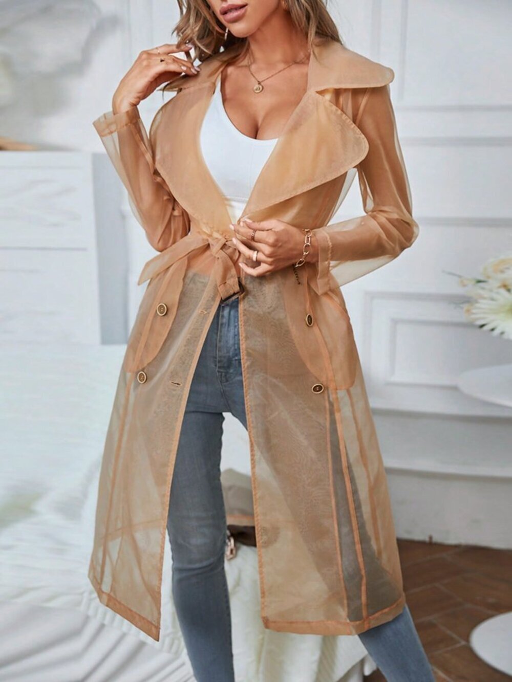 Apricot Casual Women's Sheer Mesh Long Transparent Tie-Front Windbreaker - Picture 1 of 5